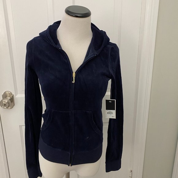 Juicy Couture Tops - NWT Original AUTH Juicy Couture REGAL blue Velour Hoodie GOLD  J Zipper S